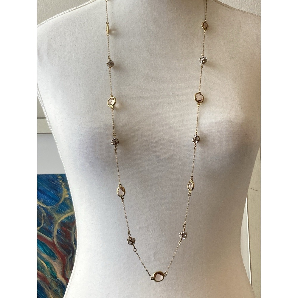 Romantic Gold Tone Rhinestone Station Necklace Peachy Glass Bezels Long Feminine
